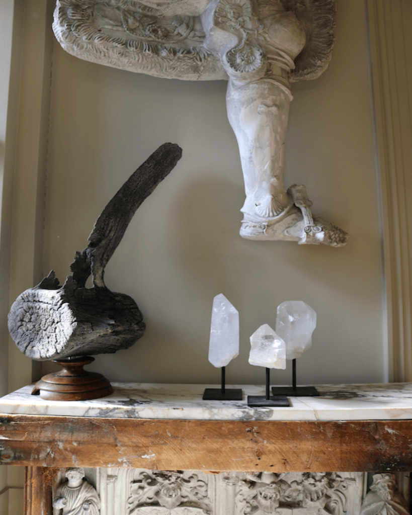 Set of Three Clear Quartz Crystals Mounted on Black Metal Stands - A Modern Grand Tour