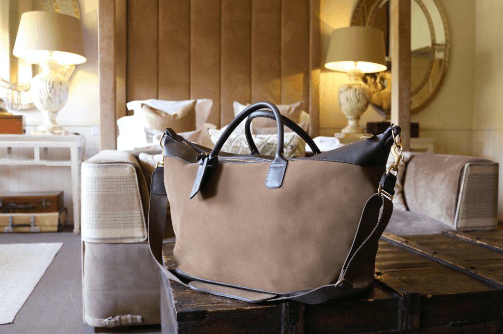Large Aynhoe Overnight Bag in Stone Suede - A Modern Grand Tour
