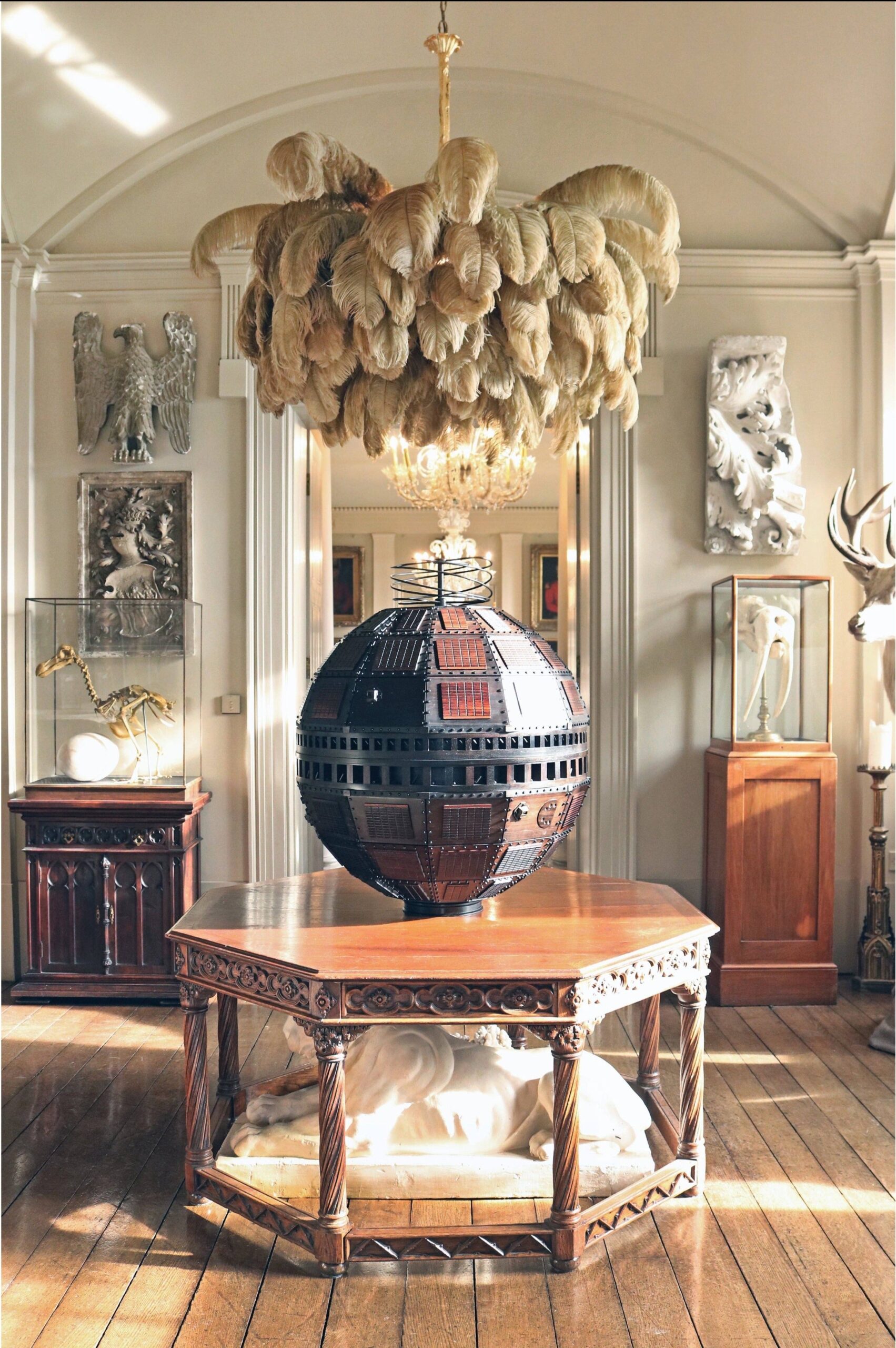 Extra Large Feather Chandelier — Old Gold in situ